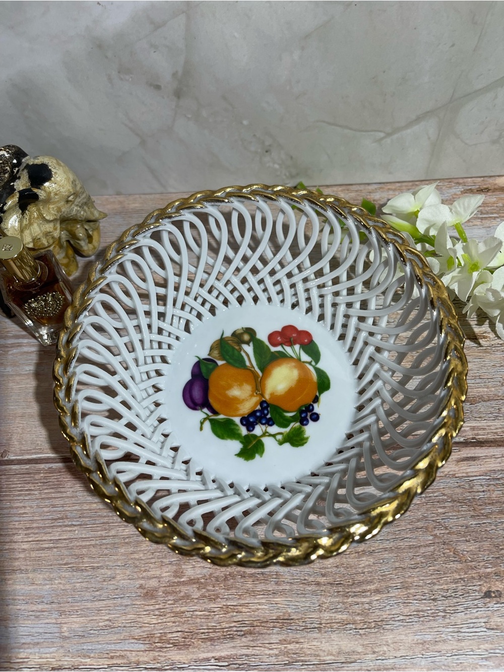 Vintage Porfin CLUJ Napoca Romania Porcelain Bowl Hand-Painted Fruit Gold Gilt